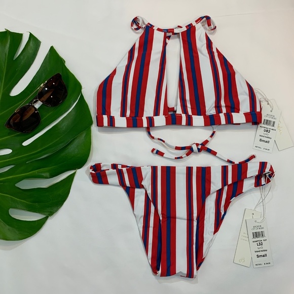 NWT B. Swim Halter Stripe Bikini Top +Cheeky‎ Bottom [ 2 Piece Set ] Cute & Sexy - Picture 1 of 8